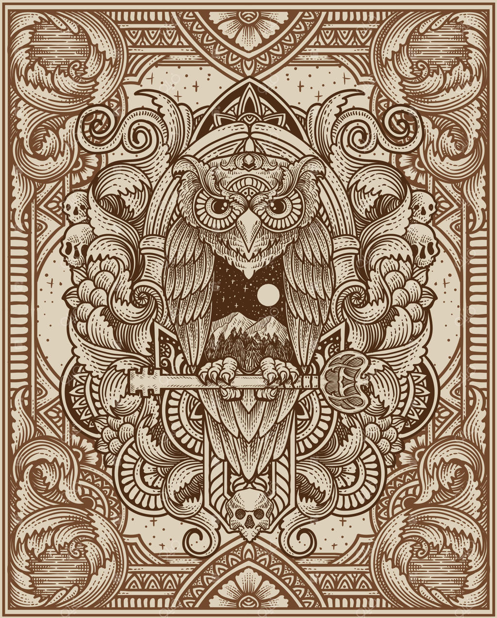 جغد با نقش و نگار کلاسیک و قدیمی