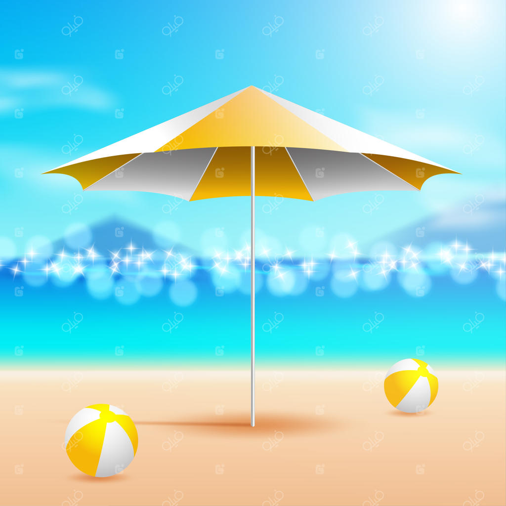 چتر و توپ‌ها در کنار دریا