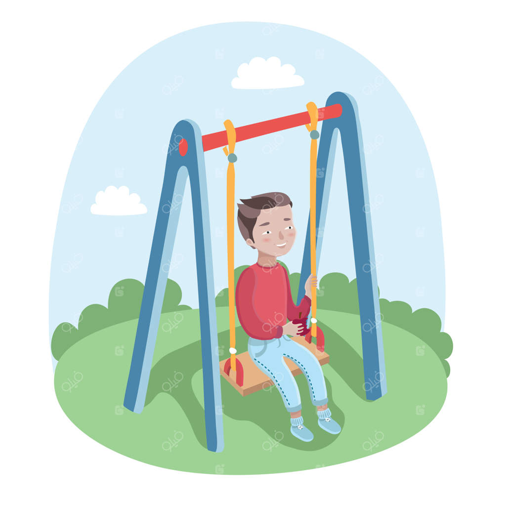 تصویری از پسر بچه‌ای خوشحال که در پارک تاب بازی می‌کند