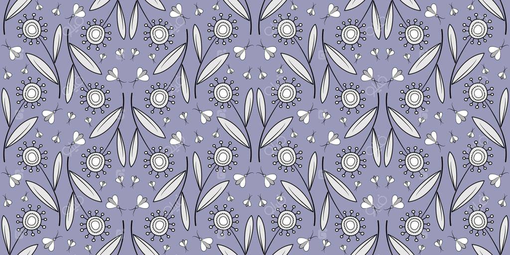 الگوی گل‌دار پیوسته به سبک زنتنگل. طرح تزئینی سیاه و سفید روی پس‌زمینه بنفش. گل‌های فانتزی و متفاوت با خطوط واضح سیاه. طراحی گیاهی الهام گرفته از سبک هنر نو.