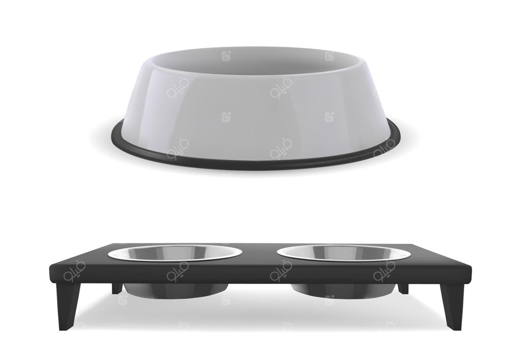 کاسه پلاستیکی سگ یا گربه: ظرف سفید سه‌بعدی و واقع‌گرایانه برای غذا، تصویر برداری شده و جدا از پس‌زمینه.