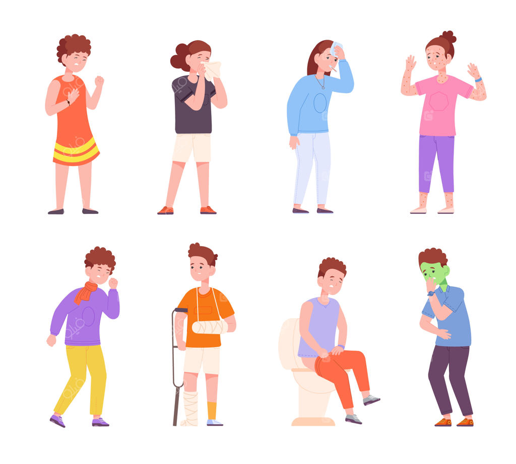 بیماری و علائم کودکان: تب، سرماخوردگی، استفراغ و درد - تصویرسازی کارتونی جذاب وکتور