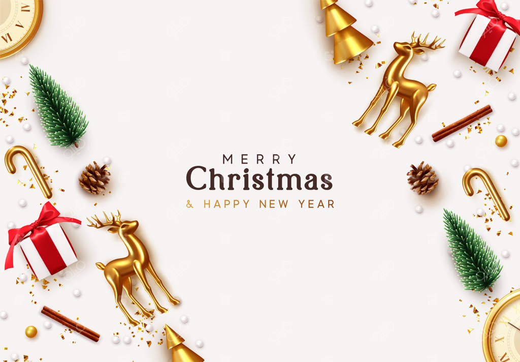 پس‌زمینه کریسمس: طراحی تزیینات سال نو، گوزن طلایی، ساعت عتیقه، جعبه هدیه‌های واقعی، کاج سبز و انبوه، کاج فلزی، کنفتی براق، تزئینات متنوع. آیتم‌های تزیینی جشن، نمای از بالا.