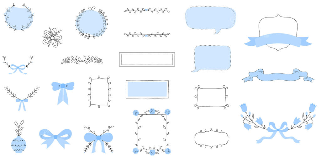 مجموعه قاب‌ها با روبان، گل‌ها، برگ‌ها و حباب‌های گفت‌وگو به سبک خط‌خطی نقاشی شده