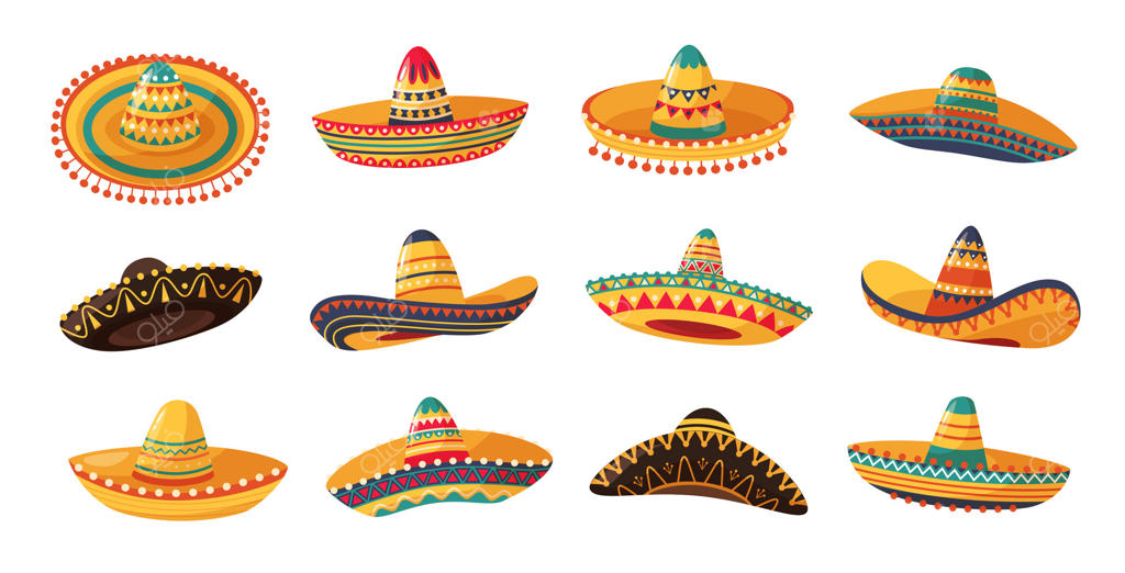 کلاه مکزیکی سامبررو: کلاه‌های کابوی چاررو و موزیسین ماریاچی، مجموعه کارتونی تزئینات جشن سینکو د مایو