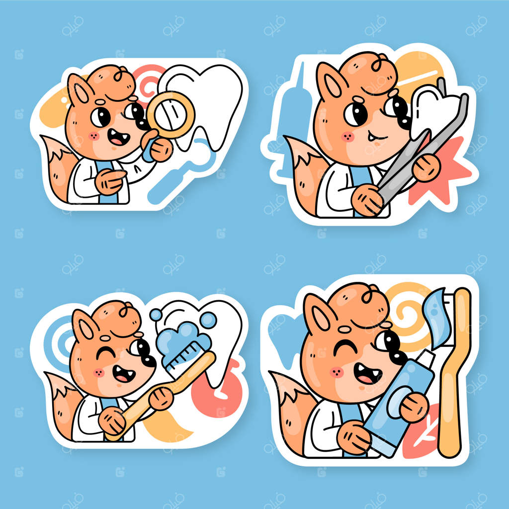 مجموعه برچسب‌های بهداشت دندان با فردِ روباه