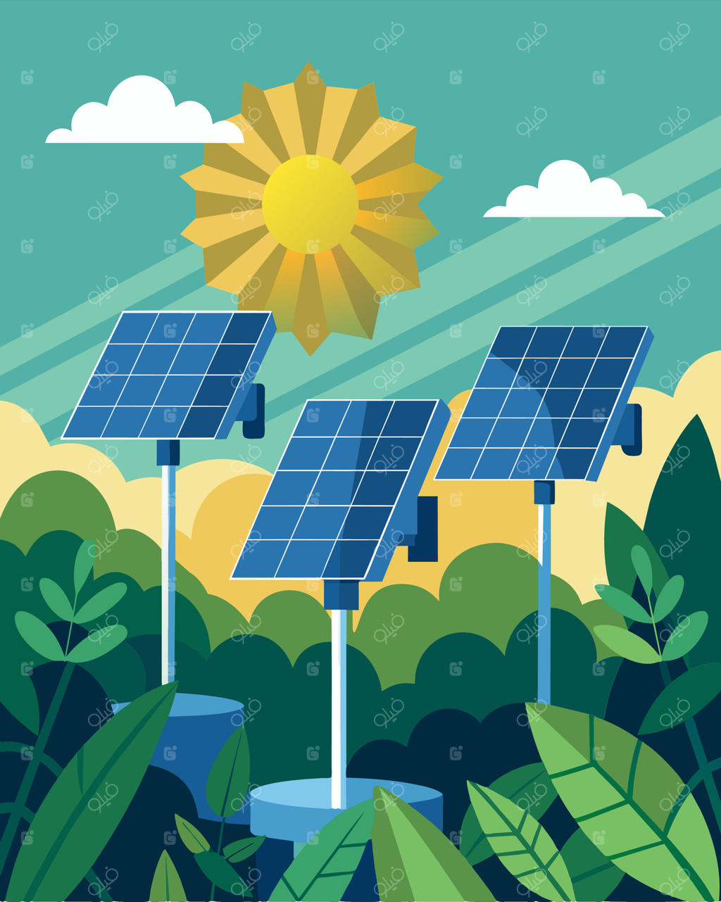 پنل‌های خورشیدی درخشان زیر نور خورشید انرژی دوربین‌های نظارتی در جنگل انبوه را تأمین می‌کنند.. تصویرسازی.