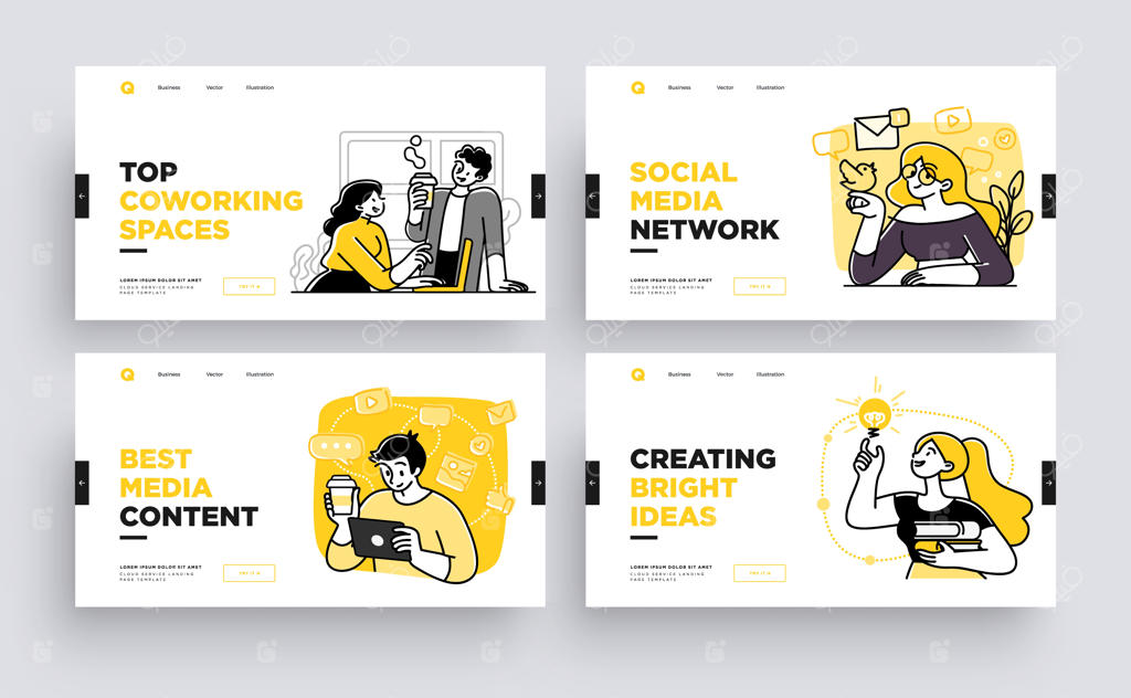 مجموعه‌ای از قالب‌های اسلاید ارائه یا طراحی وب‌سایت‌های صفحه فرودی: ایده‌های تصویری برای کسب‌وکار