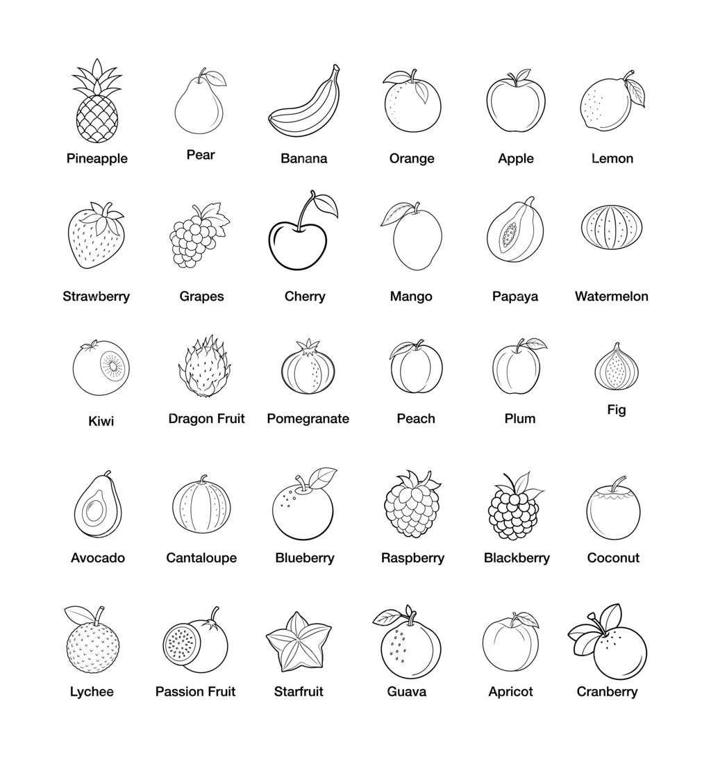 مجموعه ۳۰ آیکون میوه، طرح خطی وکتور