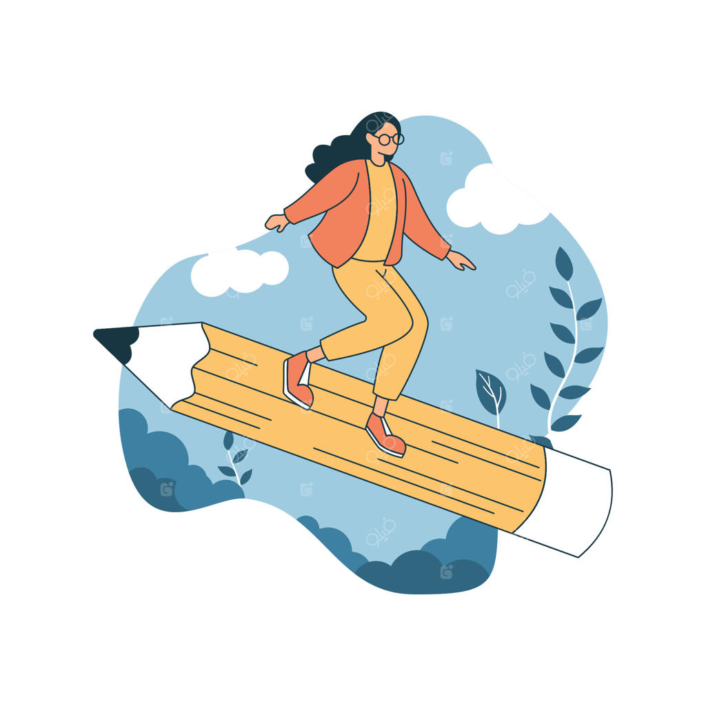 تصویرسازی کاراکتر دانش‌آموز دختر دبیرستان در حال موج‌سواری روی مداد غول‌پیکر در باغ