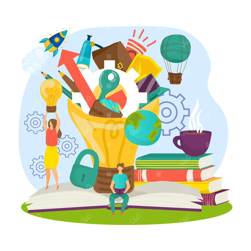 کتاب آموزشی: دانش و مفهوم مطالعه مدرن - لامپ ایده‌ها و انبوهی از کتاب‌ها - بازگشت به مدرسه