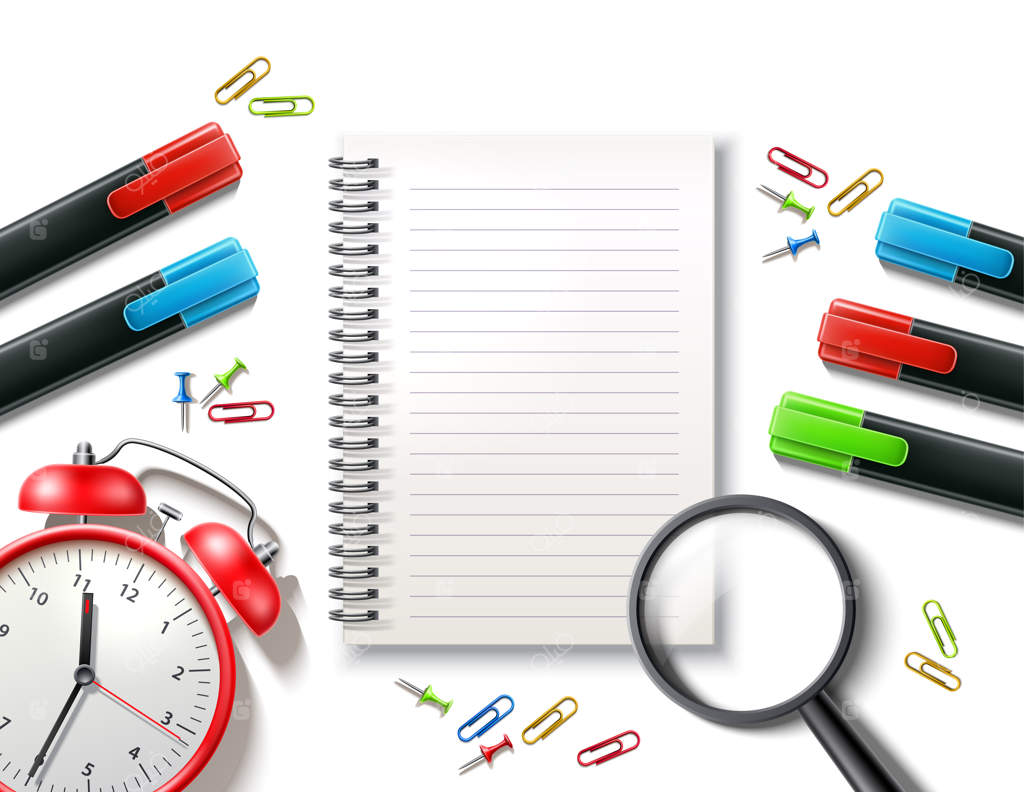 لوازم‌التحریر با دفترچه یادداشت و ساعت زنگ‌دار: بازگشت به مدرسه با طرح وکتور دفتر و گیره کاغذ