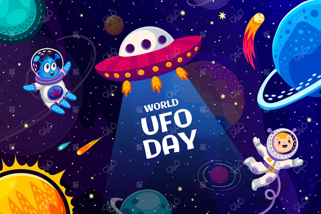 بنر روز جهانی بشقاب‌پرنده، کارتون بشقاب‌پرنده و موجود فضایی