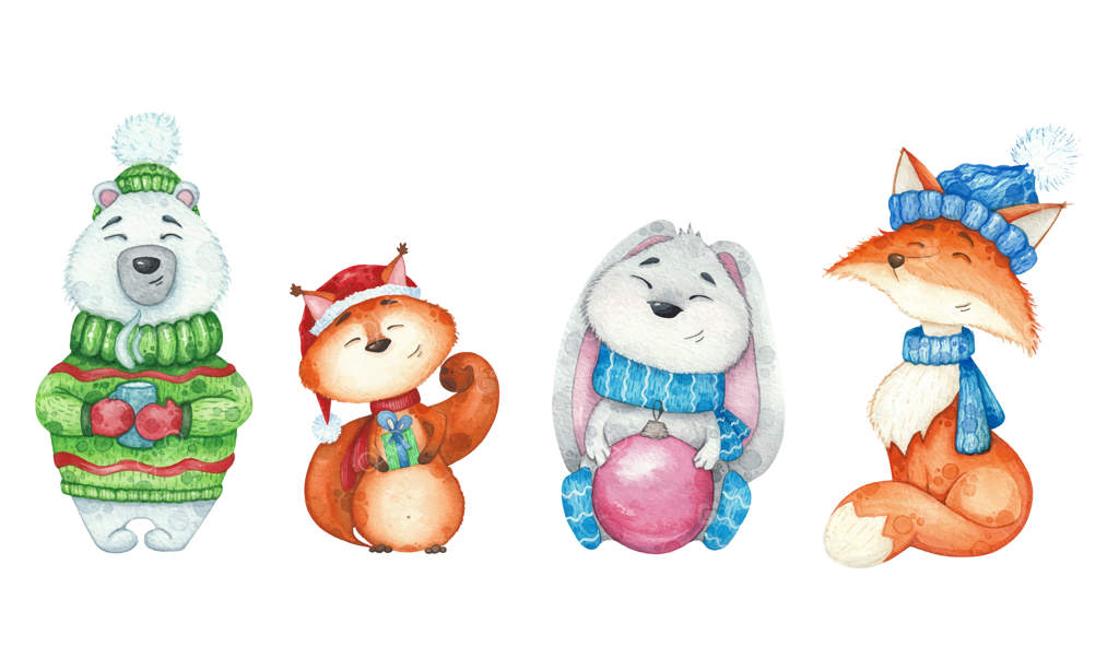تصویر آبرنگی از روباه، خرس، خرگوش و سنجاب برای طراحی کارت کریسمس