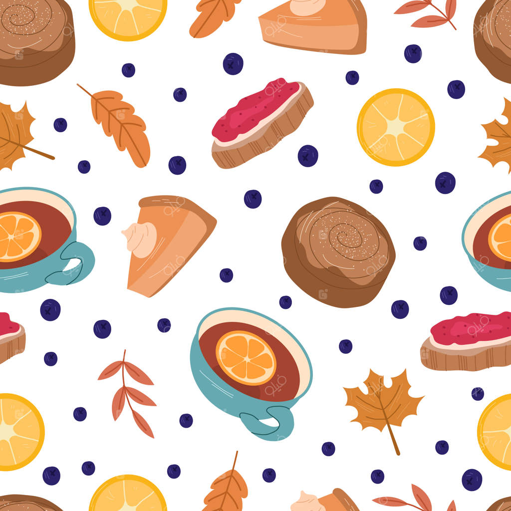 نقشه پاییزی دلنشین با مضمون مربا، چای، نان شیرینی، برگ‌ها و توت‌ها. تصویرسازی کارتونی وکتور دستی.