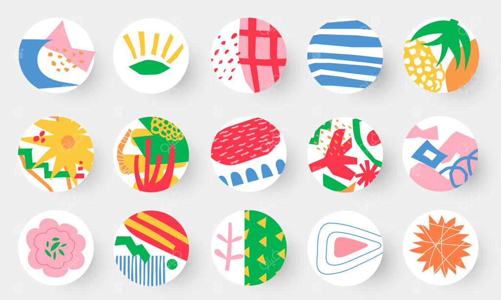 پوشش‌های رسانه‌ای گرد و ارگانیک با طرح‌های انتزاعی و اشکال گل‌دار طبیعی و نقاشی‌های مدور نامرتب - مجموعه‌ای از عناصر مینیمالیستی برجسته