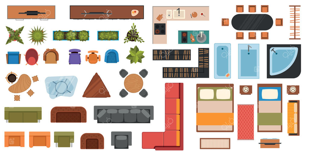 مبلمان اتاق خواب، نشیمن و آشپزخانه برای نمای بالای پلان. نقشه داخلی حمام. ست وکتور تخت، مبل، میز و صندلی از بالا