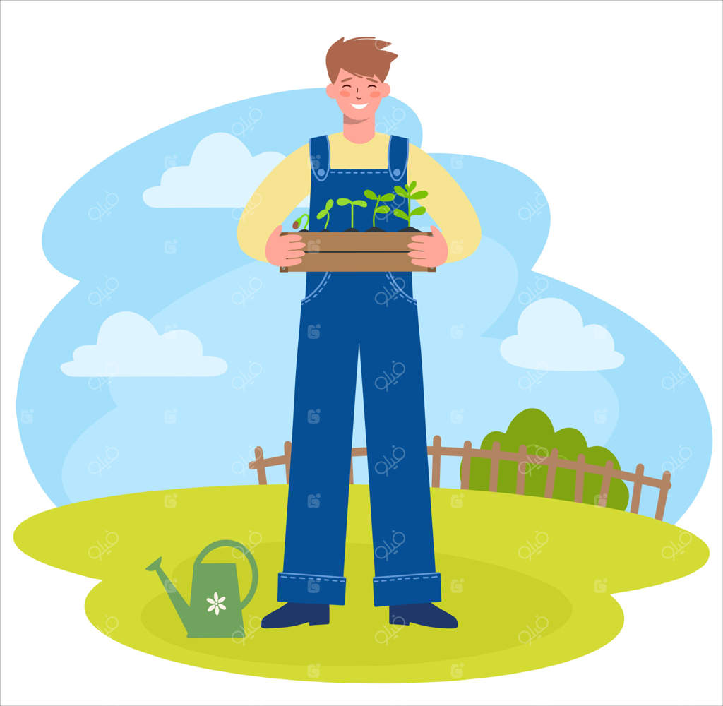 باغبانی: مردی با لباس کار یک جعبه چوبی حاوی نهال در دست دارد