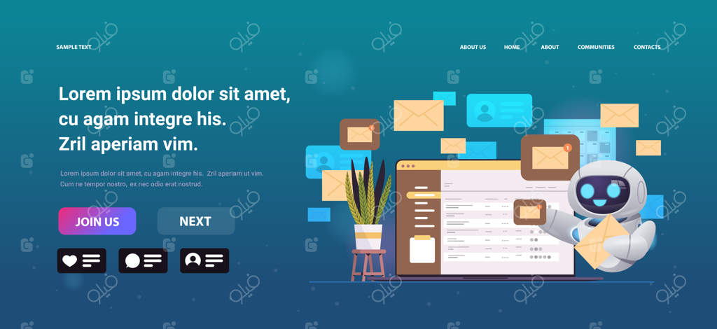 ربات مدرن ارسال یا دریافت نامه‌ها: مفهوم تکنولوژی هوش مصنوعی و اعلان پیام‌های ایمیل