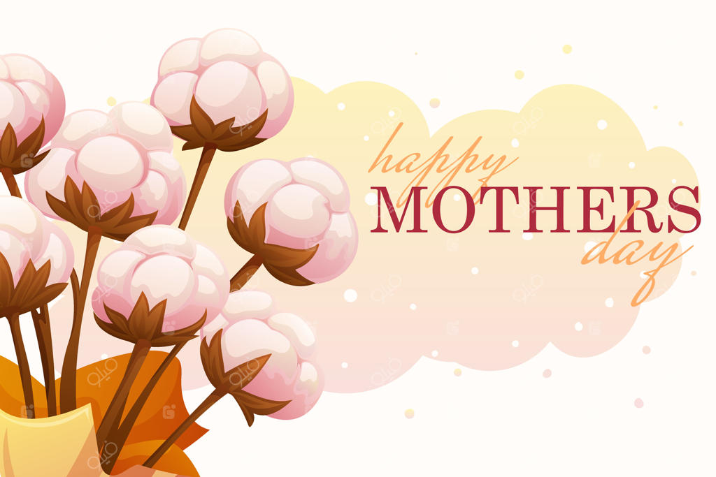 بنر روز مادر مبارک با دسته‌گل ظریف از گل‌های کتان واقعی بر روی پس‌زمینه‌ای گرادیانی