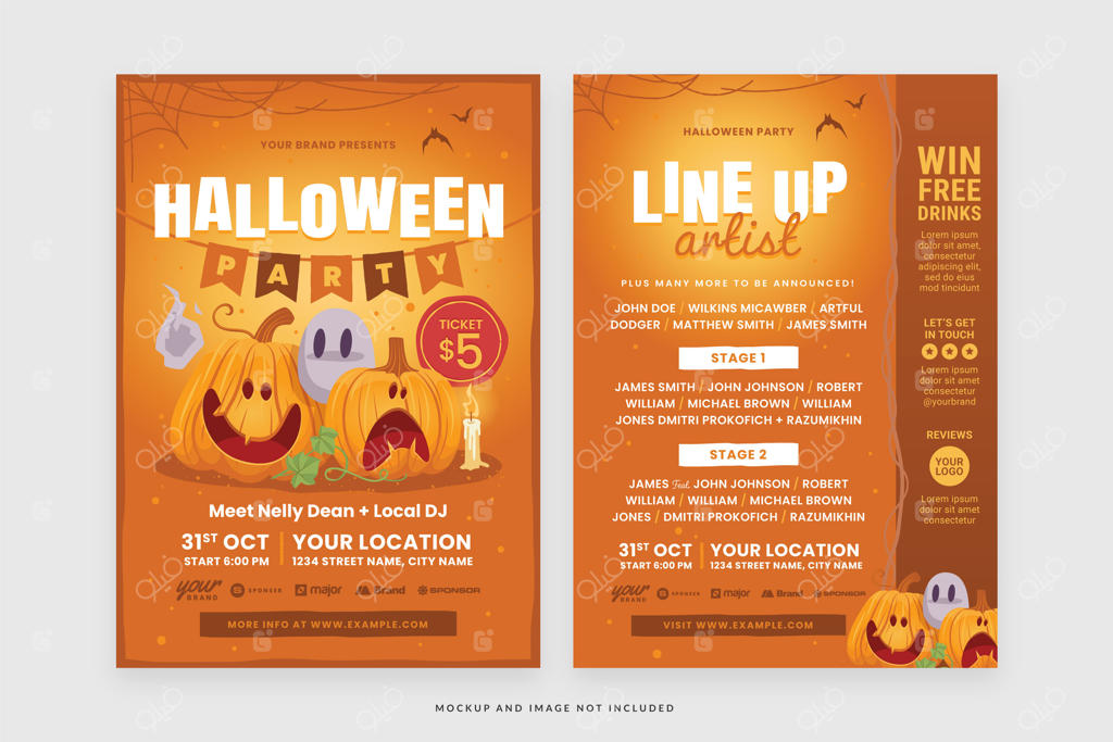 الگوی بروشور هالووین با تم نارنجی و طراحی کارتونی برای کدو تنبل