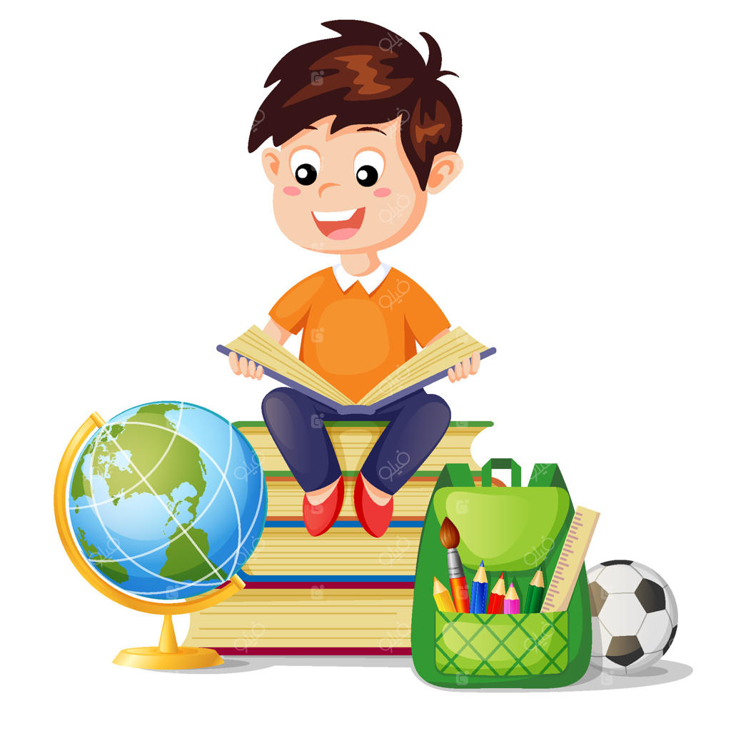پسر شاد در حال مطالعه در میان ابزارهای آموزشی - طرح وکتور
