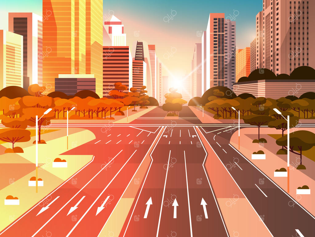 جاده آسفالتی بزرگراه با نشانه‌گذاری و علائم ترافیکی فلش‌ها