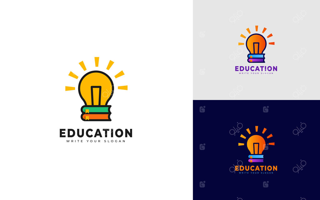 طراحی لوگوی آموزشی با طرح لامپ و کتاب‌ها