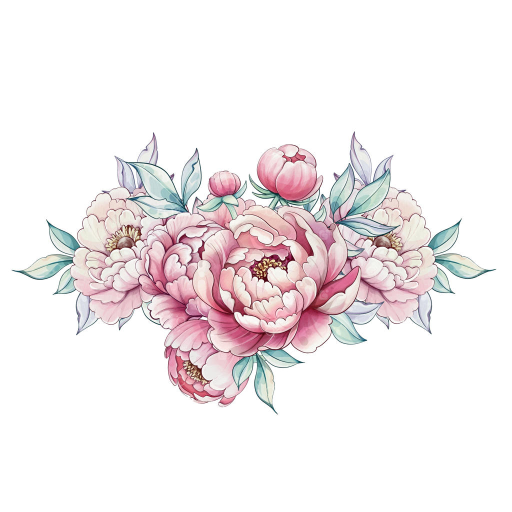 گل‌های صدتومانی لطیف در سایه‌های ملایم صورتی و سفید می‌شکفند؛ تصویری که با تکنیک آبرنگ، زیبایی طبیعی آنها را به نمایش می‌گذارد.