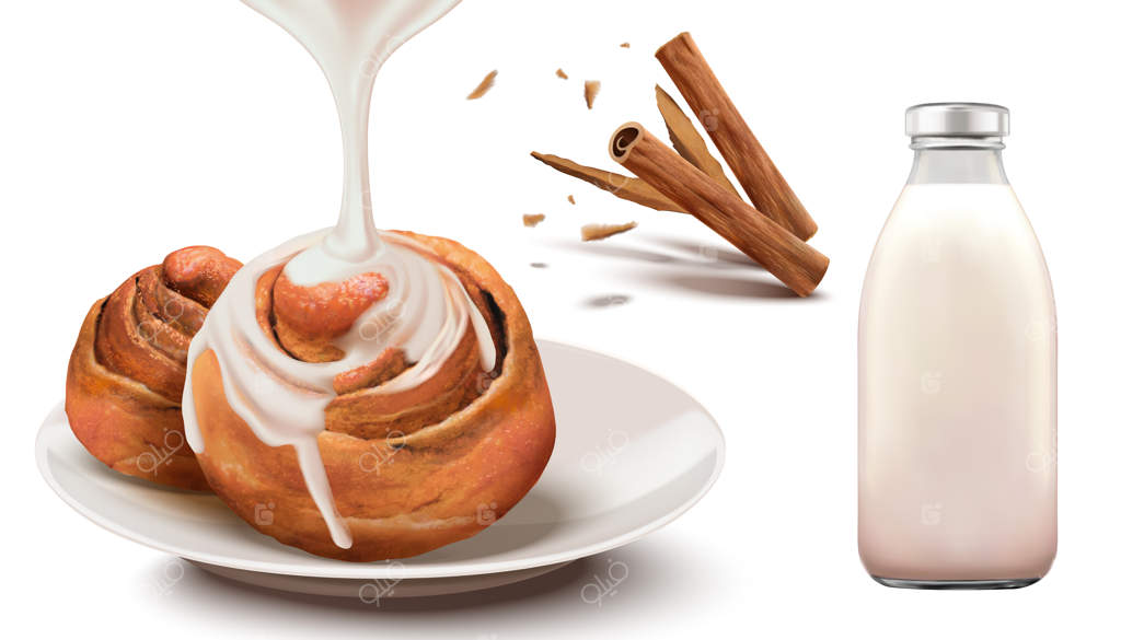 رول دارچینی با شیر تغلیظ شده و شیر بطری در سبک سه‌بعدی