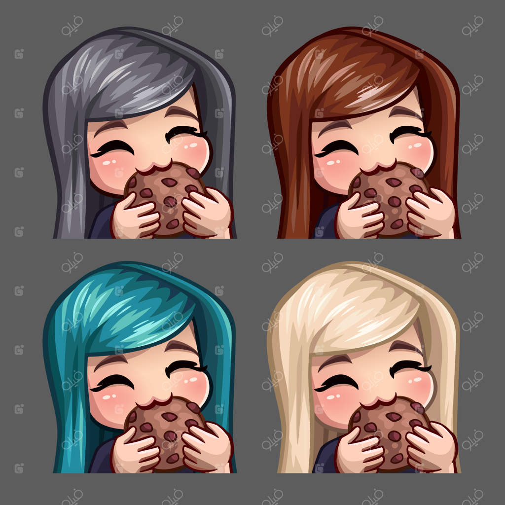 آیکون‌ احساسات: زن خوشحال در حال خوردن کوکی با موهای بلند برای شبکه‌های اجتماعی و استیکرها