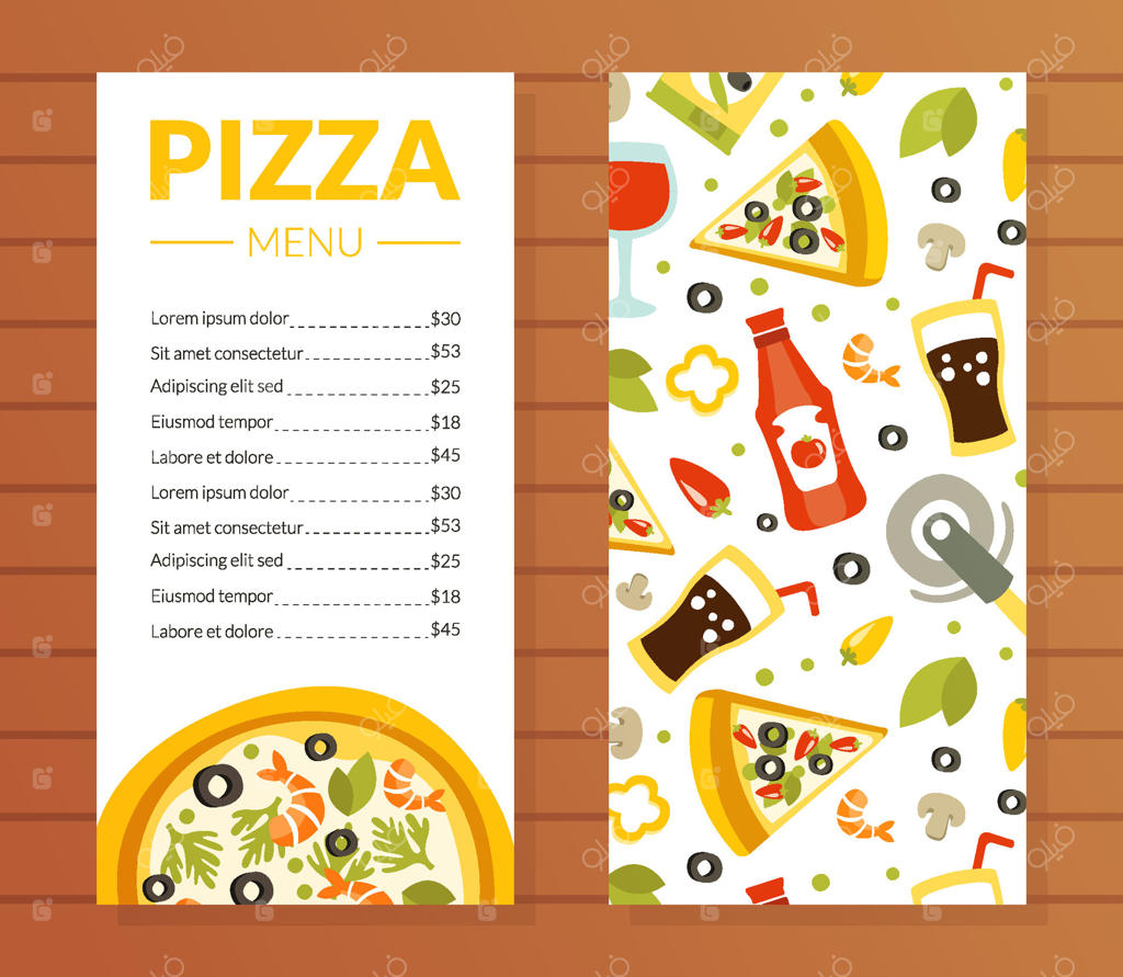 قالب منوی پیتزا، غذاهای سنتی ایتالیایی، منوی رستوران و کافه، پترن بی‌وقفه مواد غذایی