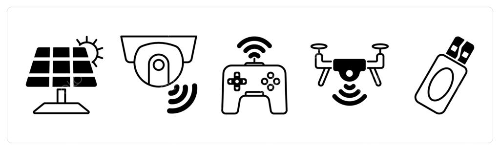 مجموعه‌ای از ۵ آیکون تکنولوژی به رنگ سیاه مانند پنل خورشیدی، دوربین هوشمند، بازی
