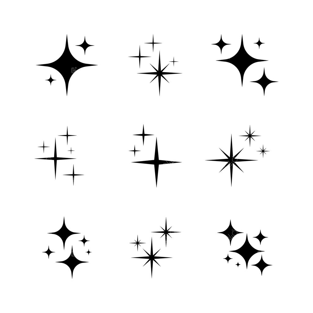 مجموعه آیکون‌های ستاره چشمک‌زن: ستاره‌های تزئینی سیاه بر روی پس‌زمینه سفید