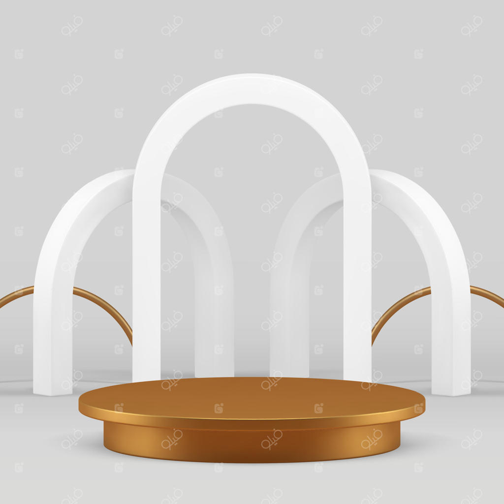 پودیوم استوانه‌ای طلایی سه‌بعدی با پس‌زمینه دیوار قوسی سفید برای ارائه واقع‌گرایانه