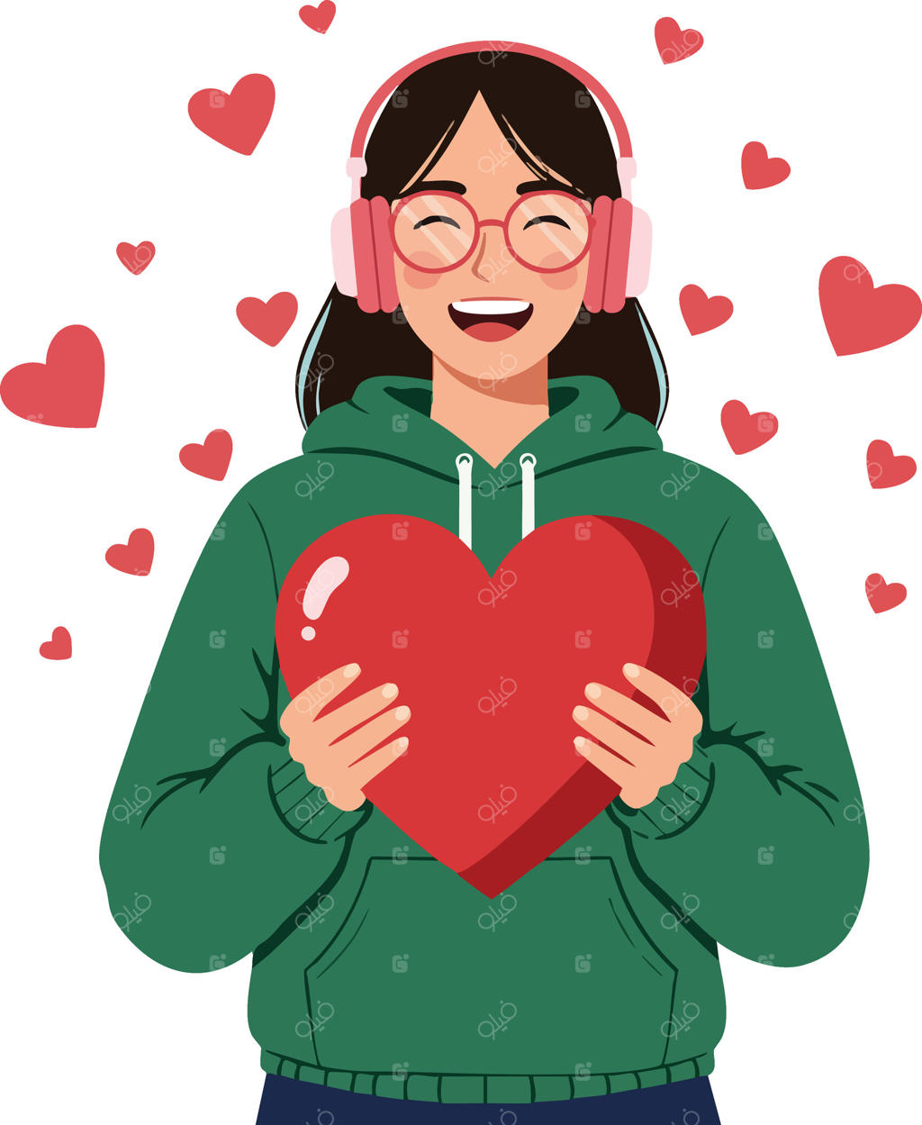 تصویر زنی جوان با قلب بزرگ قرمز و قلب‌های شناور در اطراف، با هودی سبز و هدفون صورتی در حال لبخند زدن