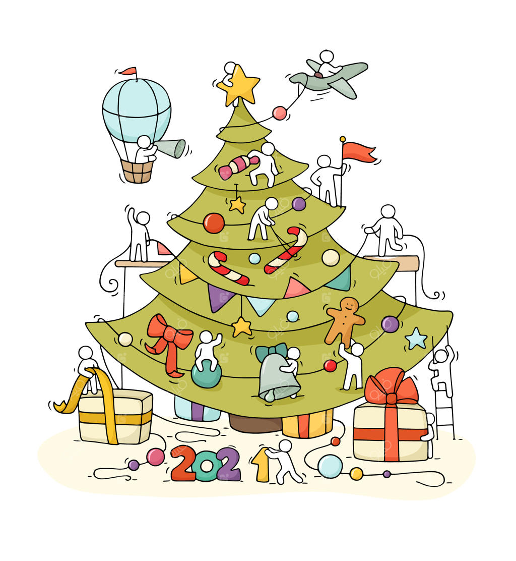 کارت تبریک کریسمس: طرح کارتونی با آدمک‌های کوچکی که برای جشن آماده می‌شوند.