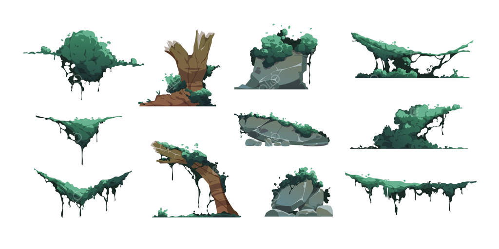 خزه کارتونی باتلاق سبز، گلسنگ و قارچ بر روی کنده‌ها و سنگ‌های قدیمی - قالب گرافیکی برای بازی، گیاهان باتلاق به صورت وکتور و جدا شده بر روی زمینه سفید