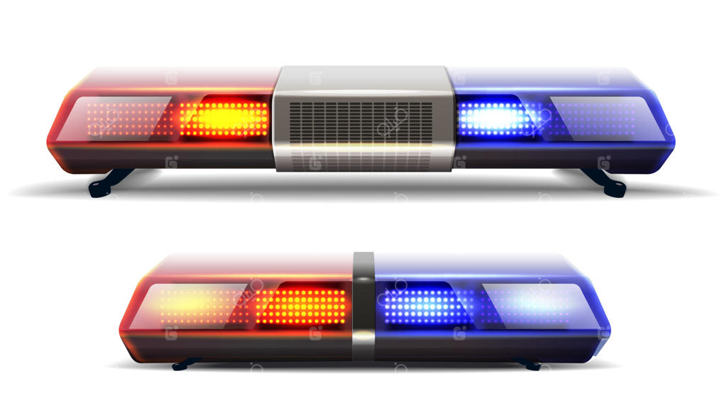 مجموعه وکتور سه‌بعدی واقع‌گرایانه چراغ‌های بالای ماشین پلیس در رنگ‌های قرمز و آبی. جدا شده بر روی زمینه سفید.