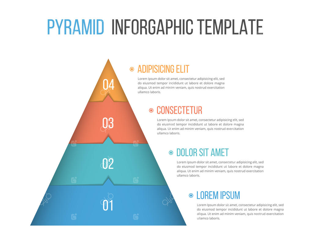 الگوی اینفوگرافیک هرمی با چهار عنصر همراه با فلش‌ها و شماره‌ها