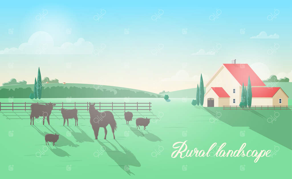 دشت زیبا با حیوانات خانگی که در مرغزار در کنار حصار چوبی، ساختمان مزرعه و تپه‌های سرسبز مشغول چرا هستند