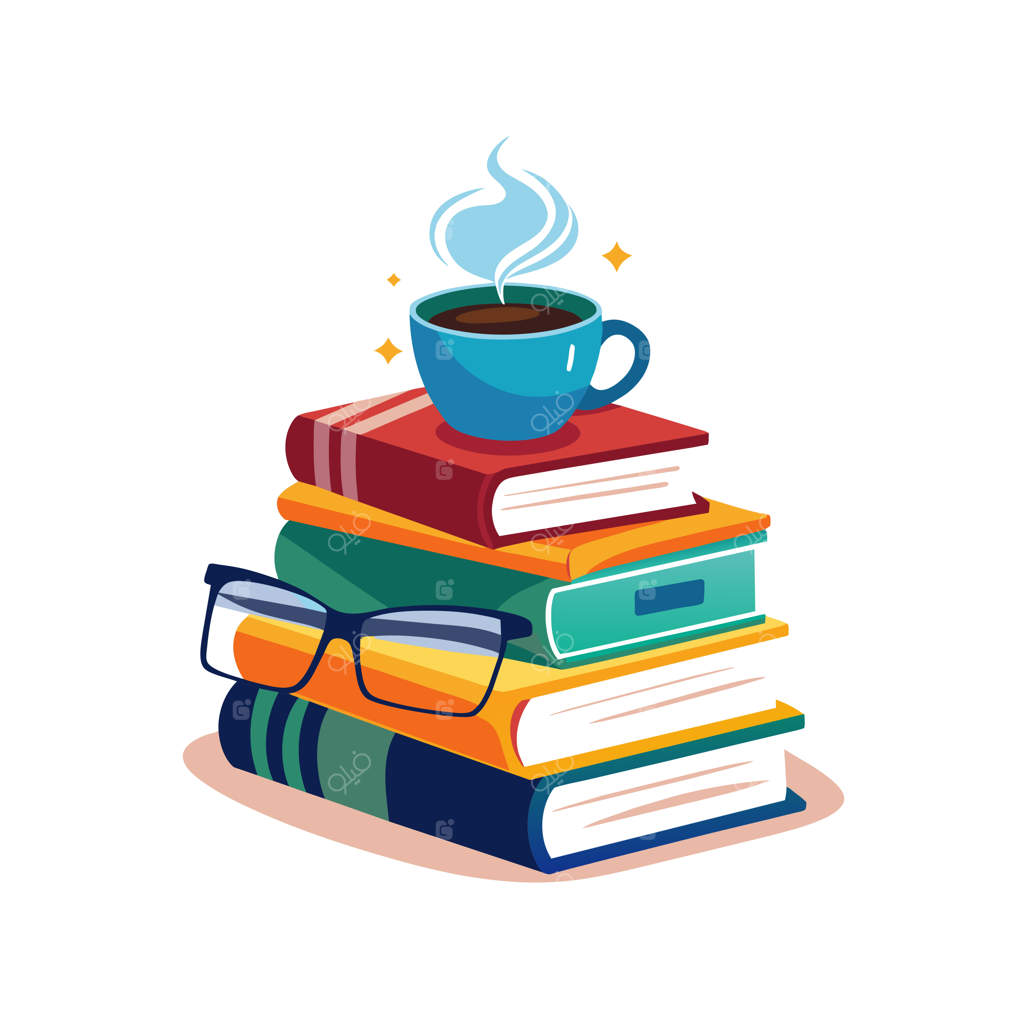 یک دسته کتاب با یک فنجان قهوه بر روی آنها