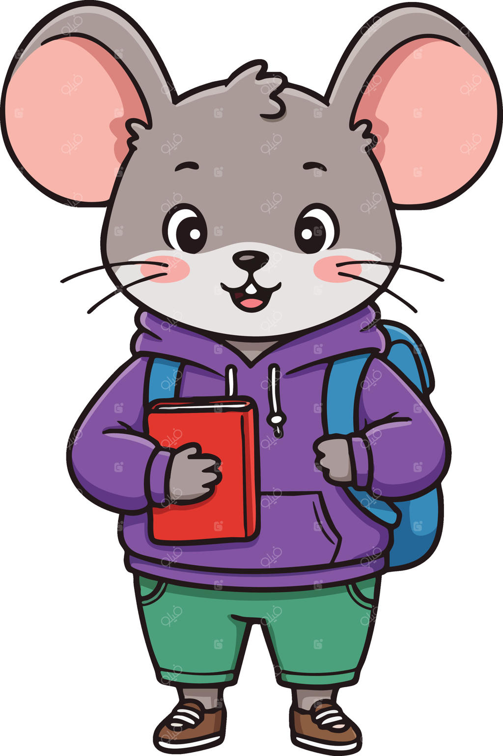 شخصیت موش کارتونی بامزه با هودی بنفش و شلوار سبز، کتاب قرمز به دست و کوله‌پشتی آبی
