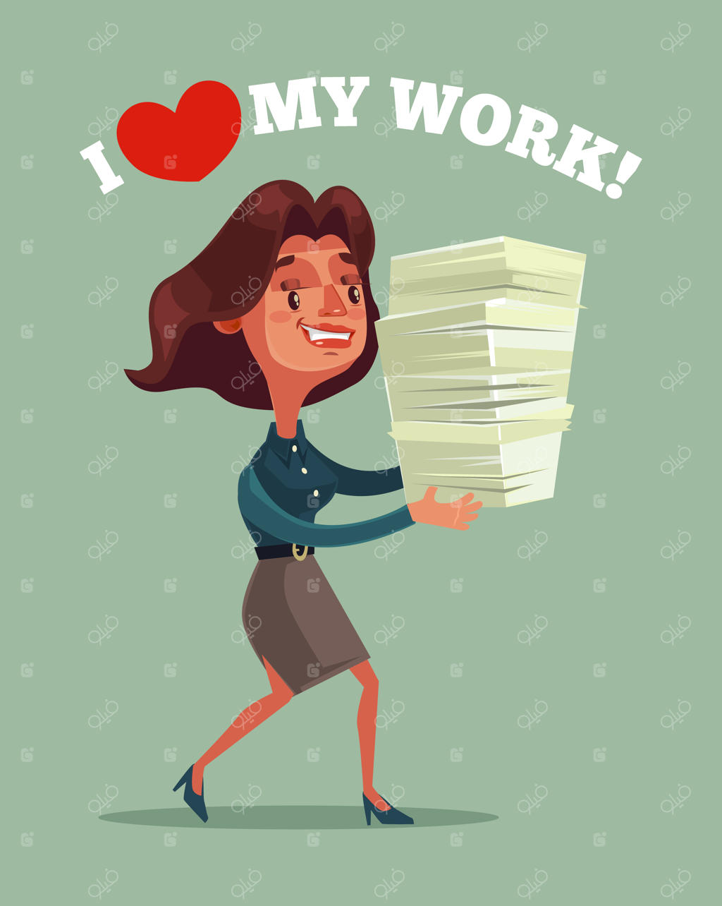 زن تاجر خوشحال و لبخند‌ به لب، به عنوان نماد کارمندی که تعداد زیادی گزارش و مدارک در دست دارد