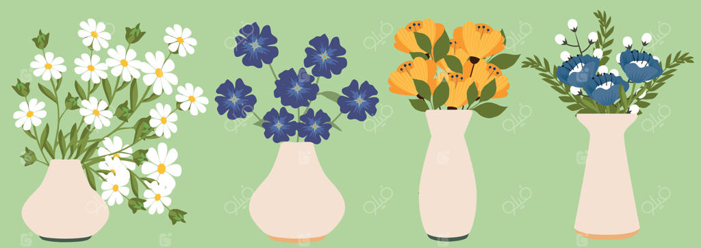 ست گل در گلدان: شکوفه‌های گل در گلدان، مجموعه‌ای از گیاهان و برگ‌های شکوفا، دکور باغ با عناصر گیاهی. دکور زیبای بهاری و تابستانی.