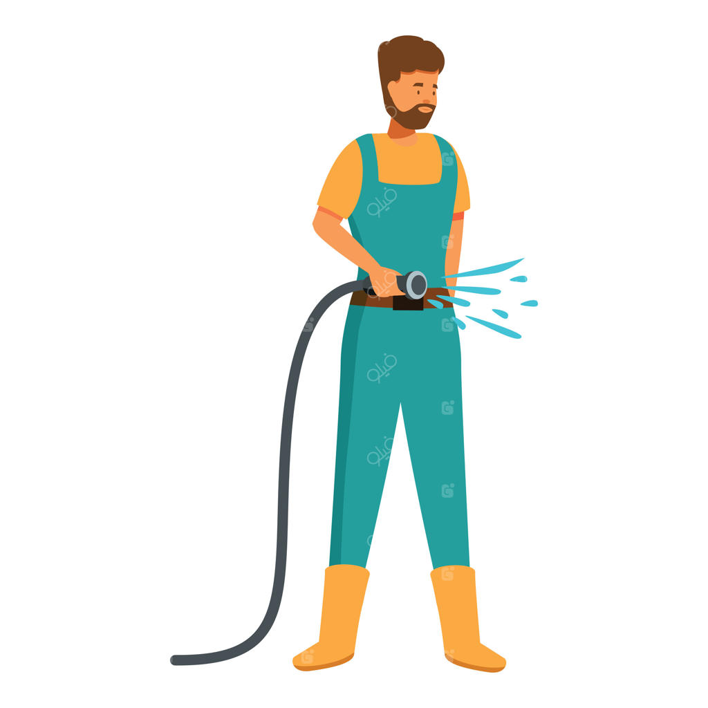 باغبان با شلنگ باغچه گیاهان را آبیاری می‌کند