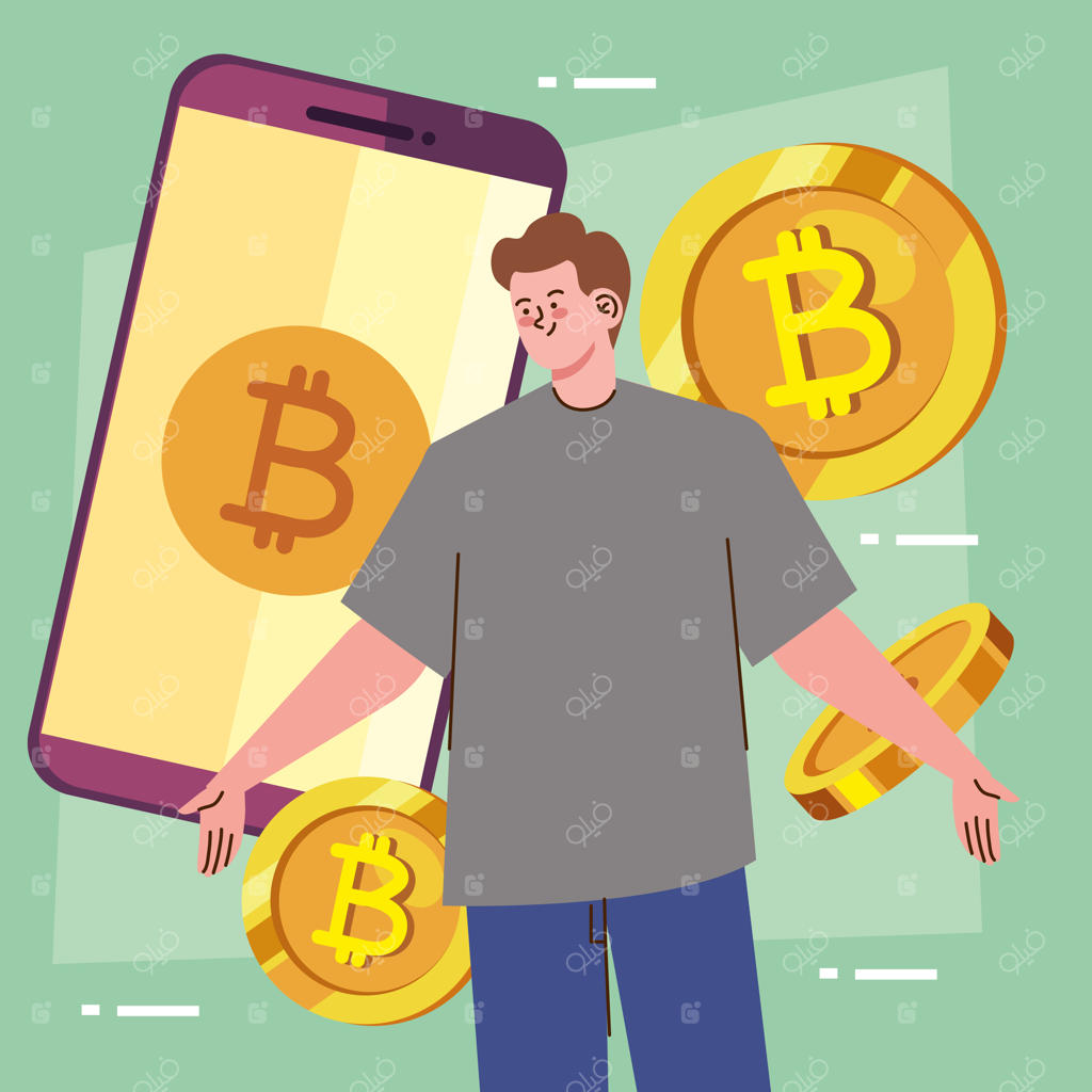 مردی با بیت‌کوین‌ها در گوشی هوشمند