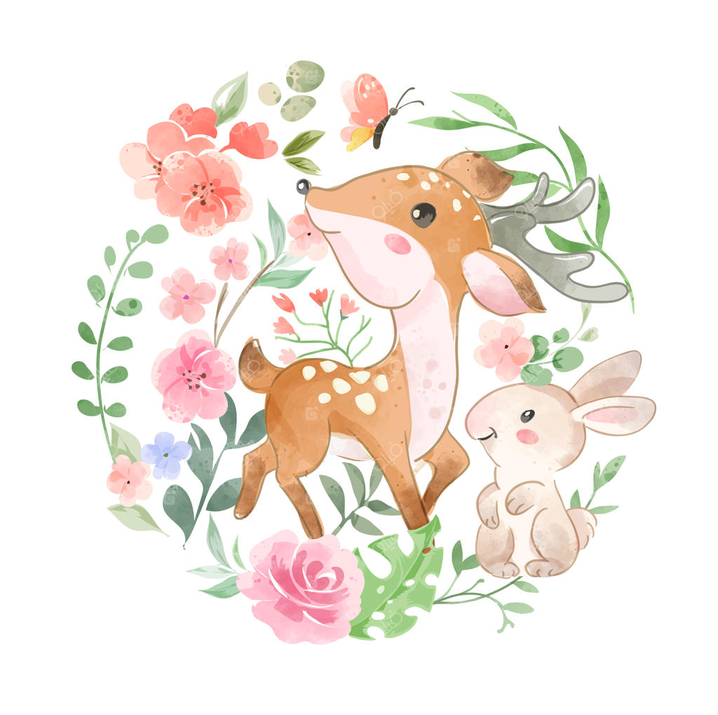 تصویری از حیوانات وحشی بامزه و گل‌ها در قالب دایره‌ای