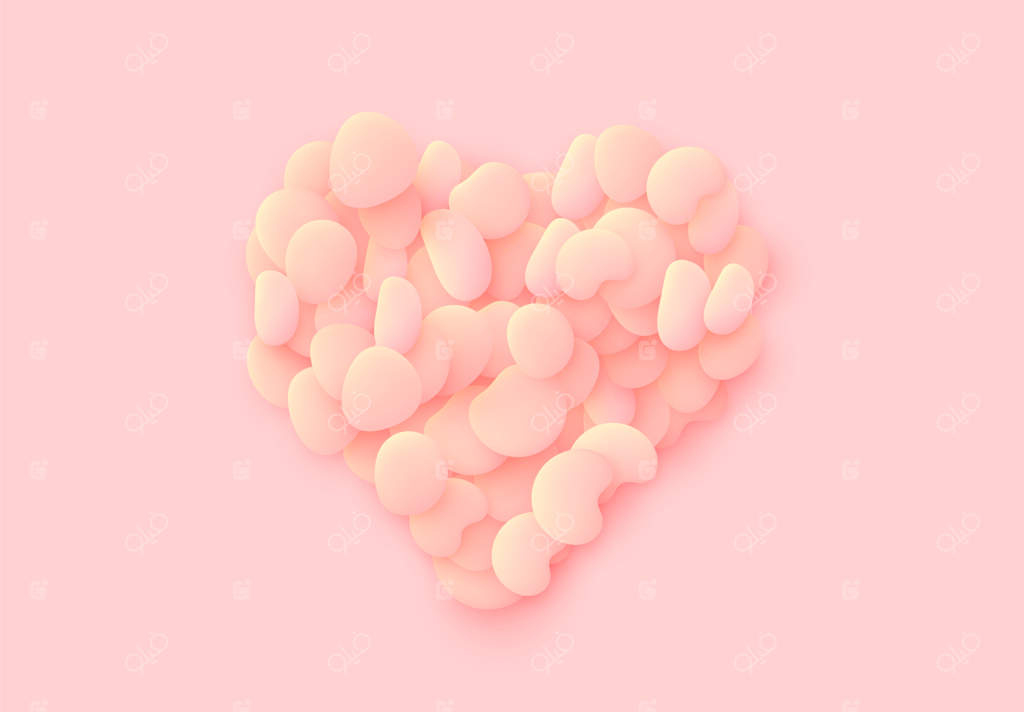 پس‌زمینه نماد قلب صورتی عشق: عناصر طراحی با شکل‌های مدور پلاستیکی، سنگ‌های دریا صاف، حباب‌های مایع مسطح. اجسام سه‌بعدی روان. پترن مدرن انتزاعی با مواد ارگانیک.