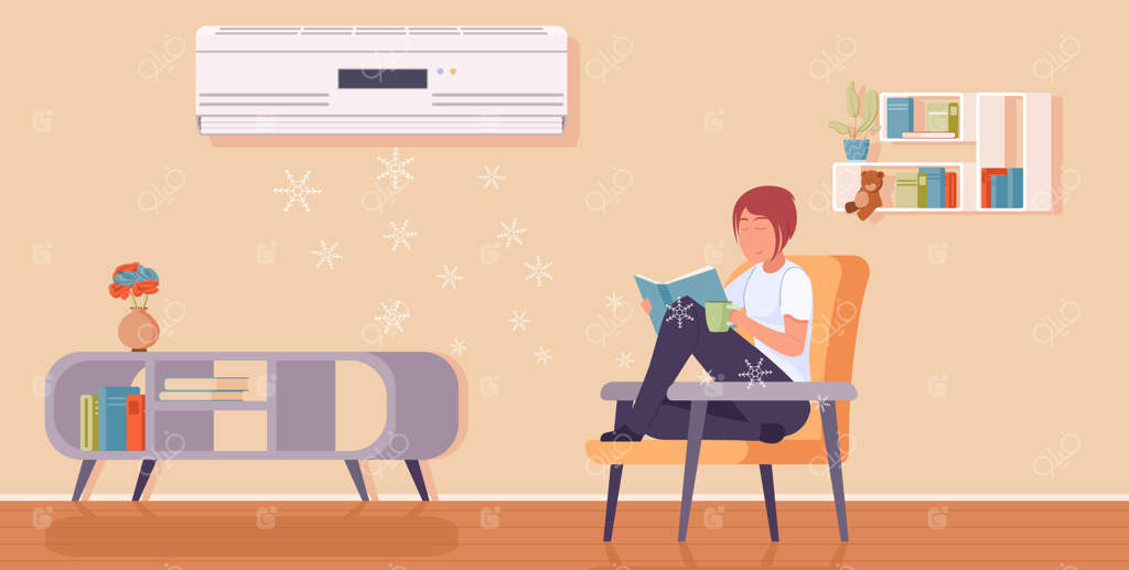 ترکیب تهویه مطبوع با دکوراسیون داخلی و مبلمان منزل به همراه دختری که کتاب می‌خواند - تصویرسازی وکتور